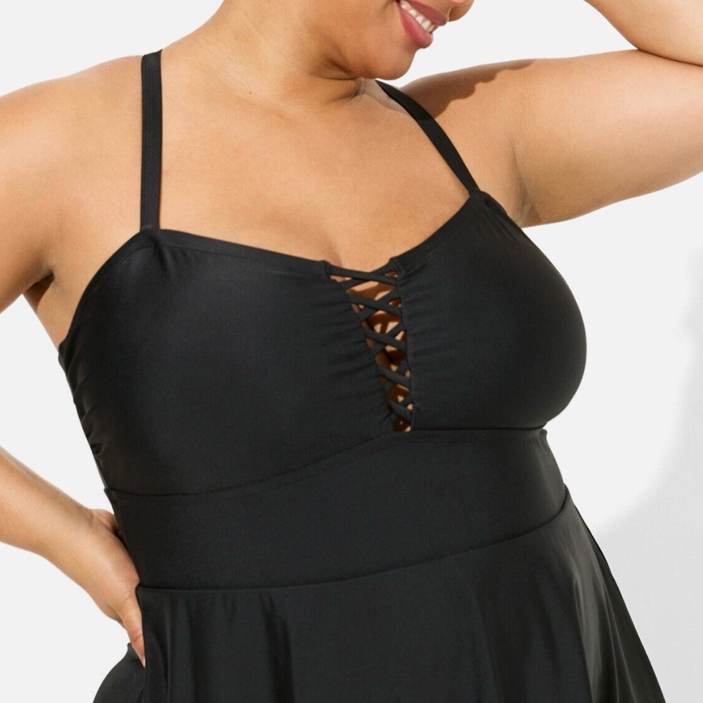 Torrid NWT Black Wireless Long Lattice Front Swim Dress, Size 2X